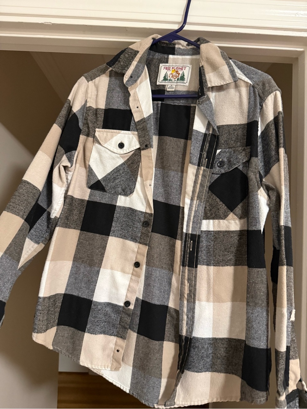 Free Planet Beige Black White Plaid Flannel Shirt